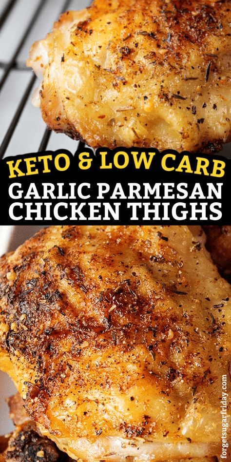 These chicken thighs are bursting with flavor and ready to be paired with your favorite side dishes for a hearty meal! This keto chicken recipe produces chicken thighs that are crispy on the outside and juicy on the inside. Garlic Parmesan Chicken Thighs, Parmesan Chicken Thighs, Best Chicken Thigh Recipe, Keto Chicken Thigh Recipes, Ranch Casserole, Chicken Thighs Recipes, Garlic Chicken Recipes, Low Carb Chicken Recipes, Parmesan Recipes