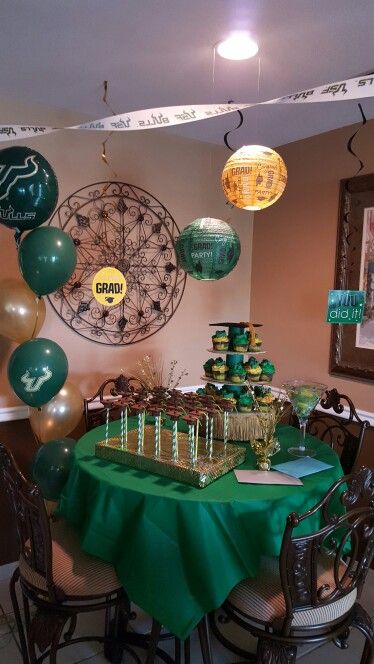 Usf Graduation Party, Graduation Dessert Bar, Unt Graduation, Usf Graduation, Grad Dinner, New York Theme Party, College Prints, Boys High School Graduation Party, Graduation Open House