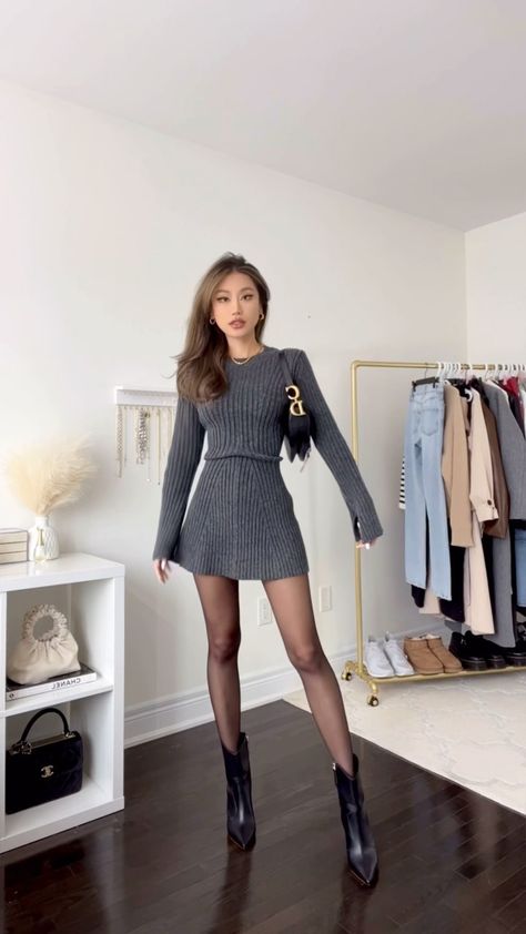 Kerina Wang Kerina-Wang-IG-Reels-18294694717193993 H M Dresses 2023, Autumn Dress Outfit Classy, H And M Dress, Hm Outfits 2023, Rib Knit Dress Outfits, H&m Dress, End Of Winter Outfits, Kerina Wang Outfits, Classy Night Outfit