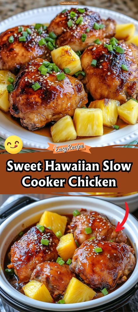 Immerse yourself in the flavors of the islands with Sweet Hawaiian Slow Cooker Chicken, a deliciously tender chicken dish cooked with pineapple, bell peppers, and a sweet and tangy sauce. This slow-cooked meal is perfect for a hassle-free dinner that transports your taste buds straight to Hawaii. #HawaiianChicken #SlowCookerMeals #TropicalFlavors Crockpot Pineapple Chicken, Crock Chicken, Hawaiian Chicken Crockpot, Hawaiian Crockpot Chicken, Hawaiian Crockpot, Sweet Hawaiian Crockpot Chicken Recipe, Crockpot Chicken Recipe, Hawaiian Chicken Recipes, Crockpot Chicken Thighs