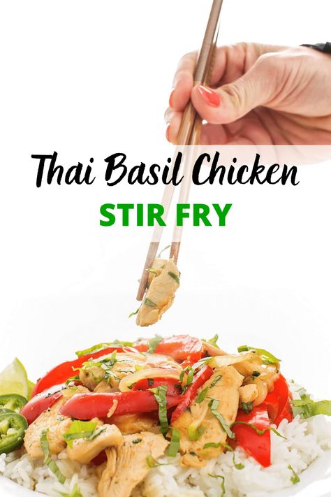 This 15-minute Thai Basil Chicken stir-fry recipe is made with fragrant basil, tender chicken breast, and red bell peppers. Chicken Thai Basil, Thai Basil Stir Fry, Basil Stir Fry, Easy Weeknight Chicken, Chicken Thai, Weeknight Chicken, Thai Basil Chicken, Stir Fry Ingredients, Andrew Zimmern