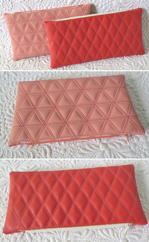 Faux leather/vinyl bag and pouch patterns - learn how to quilt faux leather/vinyl Trapunto Quilt, Vinyl Pouch, Quilted Pouch, Simple Pouch, Leather Tutorial, How To Quilt, Vinyl Bag, Diy Leather Bag, How To Make Purses