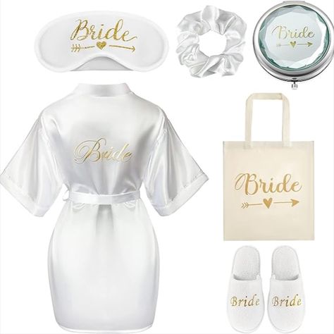 6 Pcs Bride Gifts Bride Dressing Gown Set, White Bride Robe Bride Canvas Bag Bride Slippers Sleep Eye Mask Soft Hair Scrunchie Makeup Mirror Gift Box for Wedding Day or hen party Gift Box For Wedding, Bride Dressing Gown, Bride Slippers, Wedding Wine Glasses, Spa Slippers, Bride Bag, Sleep Eye, Gifts Set, White Bride