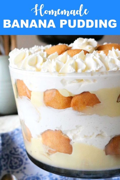 This Layered Banana Pudding Trifle with vanilla pudding, bananas, whipped cream, and Nilla Wafers comes together seamlessly for a beautiful, crowd-pleasing dessert. Easy to follow instructions and make-ahead tips! #bananapudding #trifle #dessert #partyfood #partydesserts #banana #pudding Layered Banana Pudding, Vanilla Wafer Banana Pudding, Pudding Trifle, Banana Pudding Trifle, Easy Banana Pudding Recipe, Homemade Banana Pudding Recipe, Pudding Desserts Recipes, Pudding Banana, Banana Pudding Desserts