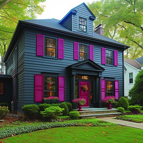 Black House With Purple Door, Blue And Purple House Exterior, Blue And Green House Exterior, Dark Pink House Exterior, Fuschia Front Door, Green House Red Trim, Dark Purple House Exterior, Outside Home Paint Colors, Purple Exterior House