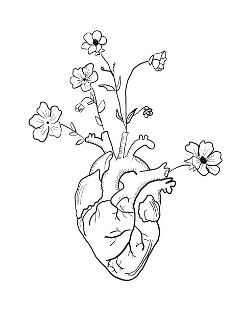 Flowers In The Shape Of A Heart, Heart Organ Tattoo Flowers, Drawings Of A Heart, Heart Drawing With Flowers, Floral Heart Drawing, Heart With Flowers Drawing, Creative Heart Drawing, Simple Heart Drawing, Heart Drawing Aesthetic