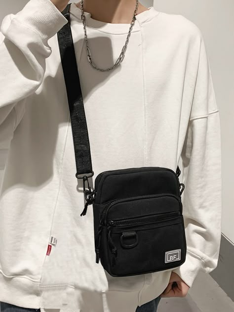 Black    Canvas Letter Square Bag Embellished   Men Bags Cool Bags For Men, Men Crossbody Bag Street Style, Adidas Bag Outfit, Cross Body Bag Outfit Men, Side Bag For Man, Man Bags Shoulder For Men, Men’s Bags, Crossbody Bag Outfit Men, Cross Bag For Men