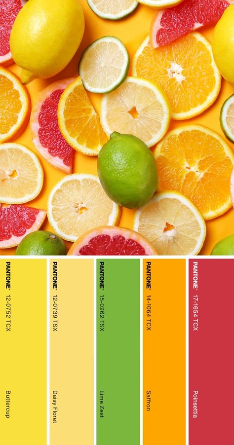 Lime Yellow Color Palette, Bright Citrus Color Palette, Passionfruit Color Palette, Nail Color Palette Ideas, Bright Pantone Color Palette, Color Palette Fruit, Lemon Colour Palette, Juice Bar Color Palette, Citrus Color Scheme