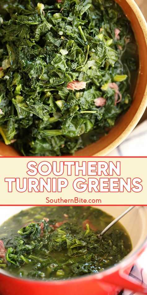 If you’re craving some good ol’ Southern comfort, these turnip greens are where it’s at! Cooked up slow with smoked meat, they’re tender, packed with flavor, and have just the right hint of earthiness. Serve ‘em alongside fried chicken, pork chops, or pretty much anything, and you’ve got yourself a true Southern meal! Southern Living Collard Greens Recipe, How To Cook Southern Collard Greens, Cooking Collard Greens Southern Style, Crockpot Collards Southern Style, Recipe For Greens, Crockpot Collard Greens Southern Style, Soul Food Collard Greens Recipe, Fresh Collard Greens Recipe Easy, Easy Collard Greens Recipe Simple