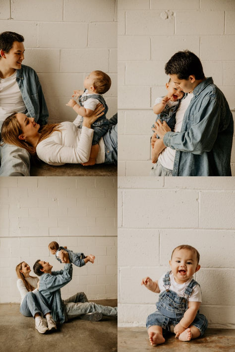 denim family session studio session overalls baby family mini photoshoot Family Overall Photoshoot, Overall Family Pictures, Baby Overalls Photoshoot, Studio Family Photoshoot Outfits, Family Photoshoot Denim, Family Photos White And Denim, White Backdrop Family Photos, White Shirt And Jeans Outfit Photoshoot Family, Jeans And White Shirt Family Pictures