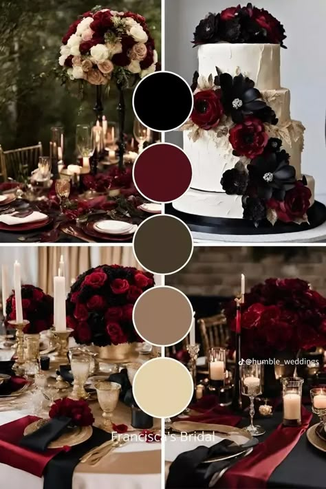 Red Wine And Black Wedding, Charcoal Grey And Red Wedding Theme, Old Hollywood Wedding Color Schemes, Red And Black Wedding Color Schemes, Maroon And Black Wedding Ideas, Red Palette Wedding, Black And Red Fall Wedding, Wedding Ideas Dark Color Schemes, Dark Colored Wedding Theme