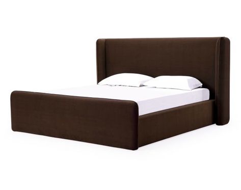 Rejuvenate your bedroom with the Modus Furniture Becall Queen Bed, characterized by its bold and modern design featuring thick block elements, rounded rectangles, and luxurious velvet upholstery. Crafted from 100% polyester, the rich brown velvet upholstery ensures both style and easy cleaning. This platform bed provides sturdy support with metal center rails, metal center legs, and wooden cross slats, eliminating the need for a box spring. Experience cozy relaxation with the shelter-bed style h Platform Bed Upholstered, Eastern King Bed, Wingback Bed, Wingback Headboard, Headboard Styles, Headboard Designs, Bedroom Furniture Beds, Upholstered Platform Bed, Bed Styling