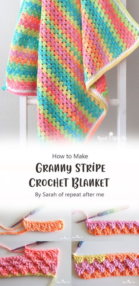 This is the best patterns and projects inspired by Granny Stripe Crochet Blanket by Sarah of repeat after me. Enjoy! Striped Crochet Pattern, Striped Baby Blanket Crochet, Stripe Crochet Blanket, Crochet Quilts, Granny Stripe Crochet, Granny Stripe Blanket, Granny Stripe, Striped Crochet Blanket, Free Baby Blanket Patterns