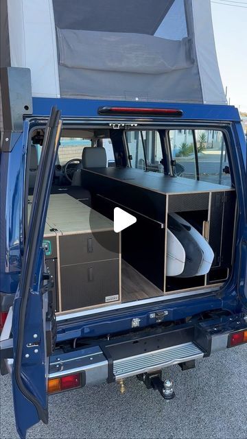 Odyssey Custom Fitouts on Instagram: "Last build of 2023, for the man, @chippawilson! Chip let us get a little creative with this build. We incorporated a full enerdrive electrical setup, Dometic CFX75l fridge and table. Along with a the best roof conversion on the market, the Mulgo V2 poptop! Along with surfboard storage for 4 boards, and enough storage for him to get out and hunt down some surf! @enerdrive_australia @dometic @troopysetups @troopysofaustralia @expeditioncentre" Surfboard Storage Van, Surfboard Storage, Vans Surf, Van Ideas, Car Camper, Board Storage, Camper Conversion, Sprinter Van, Van Conversion