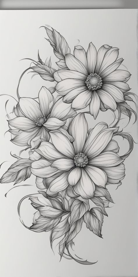 Tooled Tattoo Design, Tattoos With Sunflowers, Delicate Sunflower Tattoo, Rose And Sunflower Tattoo, Sunflower And Rose Tattoo, Flower Drawing Sketch, Flower Tattoo Stencils, Floral Back Tattoos, Pretty Flower Tattoos