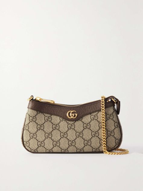 GUCCI Ophidia mini textured leather-trimmed printed coated-canvas shoulder bag Brown Gucci Bag, Gucci Small Bag, Mini Bag Outfit, Gucci Ophidia Bag, Gucci Mini Bag, Luxury Bags Collection, Gucci Purse, Gucci Ophidia, Brown Purses