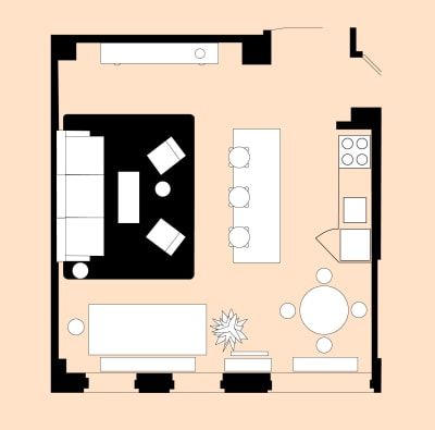 4 Living Room Layout For a Small Open-Plan Space Open Living Room Furniture, Living Room Furniture Placement, Corner Fireplace Furniture Arrangement, Open Concept Kitchen Living Room Layout, Open Concept Kitchen Living Room, Furniture Placement Living Room, Open Plan Kitchen Dining Living, Small Living Room Layout, Living Room Layout