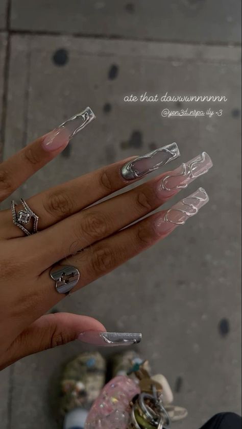 3d Chrome Nails, 3d Chrome, Acrylic Nail Set, Drip Nails, French Acrylic Nails, Exotic Nails, Acrylic Nails Coffin Pink, Unique Acrylic Nails, Bling Acrylic Nails