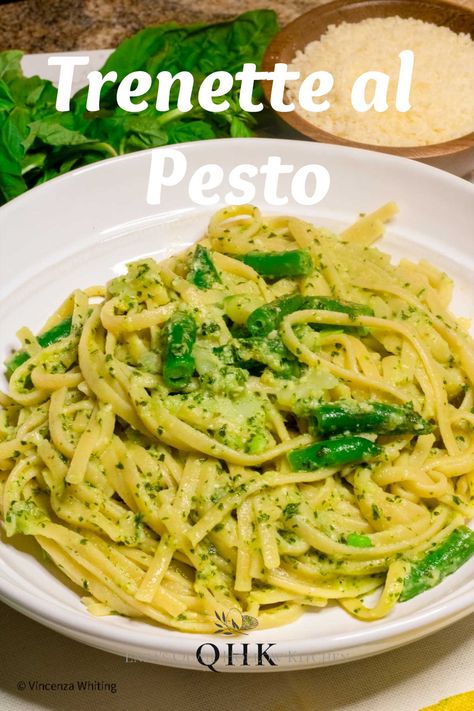 AA white bowl of Trenette pasta tossed in fresh pesto with green beans and potatoes. Recipe With Green Beans, Trenette Al Pesto, Pasta With Green Beans, Pesto Pasta Recipe, Beans And Potatoes, Creamy Pesto Sauce, Pesto Pasta Recipes, Simple Pasta, Green Beans And Potatoes