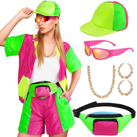 PRICES MAY VARY. Package includes:1 short sleeve windbreak jacket, 1 block color shorts,1 neon Fanny pack,1 neon cap,1 pair of 80s sunglasses,1 twist gold necklace and 1 pair of earrings, the thoughtful set will satisfy your need for 80s party costume or Halloween themed. Top Short Pants Set: the 80s theme outfit for women adopt polyester as the material, soft and comfortable to wear, using bright colors which are related with 80s theme, adding a lot of fun to your performance; Please confirm yo 80's Party Outfits, 80s Theme Outfit For Women, 80s Pool Party Outfit, 80s Workout Outfit For Women, Neon Themed Party Outfit, 80s Halloween Costumes For Women, 80s Costume Ideas For Women, 80s Party Outfits 1980s Style, Neon Outfit Ideas