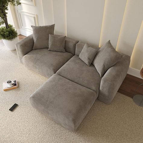 Modular Sectional Sofa Couch,102" L Shape Sofa, 2 Seater with 1 Ottoman Upholstered with Corduroy Couches For Apartments Small Spaces, Sofa In Playroom, Brown Linen Sofa, One Cushion Sofa, Comfortable Couches For Small Spaces, Deep Couch Oversized, Small Comfy Couch, Cord Sofa Beige, Taupe Couch Living Room