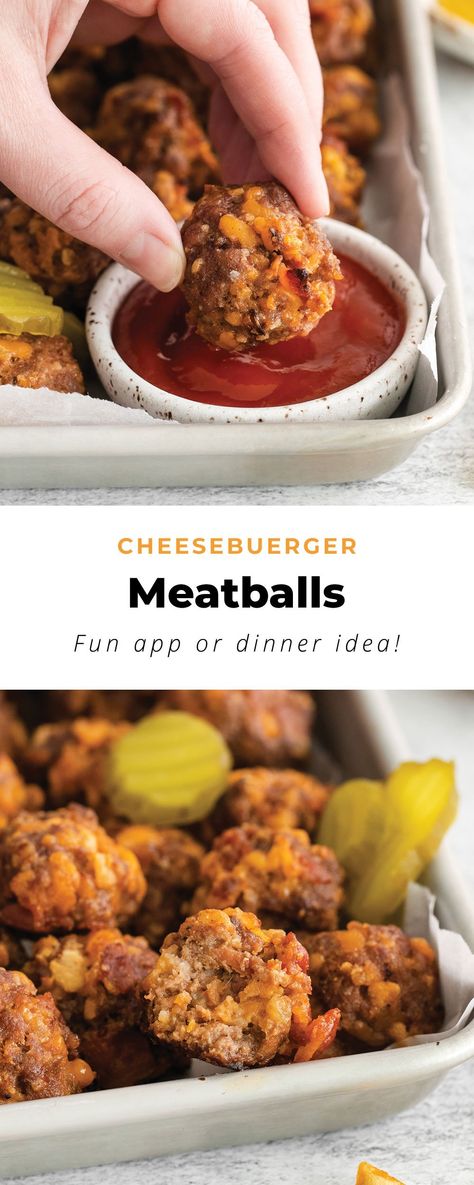 These cheeseburger meatballs taste just like cheeseburgers! The whole family will love this easy appetizer. Meatball Cheeseburger Appetizers, Appetizer Recipes With Hamburger, Cheeseburger Appetizers, Cheeseburger Meatballs, Meatball Appetizer Recipe, Easy Hamburger, Burger Toppings, Meatballs Easy, Meat Appetizers