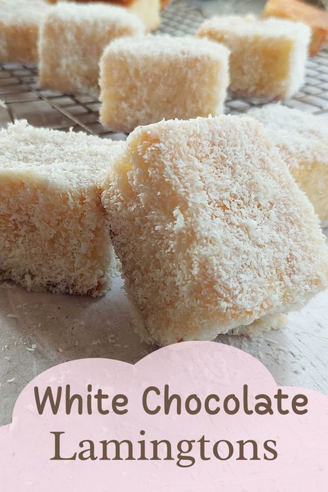 Incredibly easy to make, these White Chocolate Lamingtons are fluffy sponge cakes, covered in white chocolate and coconut.

These little delights  uses simple ingredients to bring you one very tasty dessert. With a little twist on a classic recipe, they are perfect for celebrations like Christmas, Easter or Mother’s Day! White Chocolate Lamingtons, Australia Desserts, Recipes With White Chocolate, White Chocolate Desserts Easy, Chocolate Lamingtons, Farm Treats, Snowball Cake Recipe, Lamington Cake Recipe, White Chocolate Recipes Easy