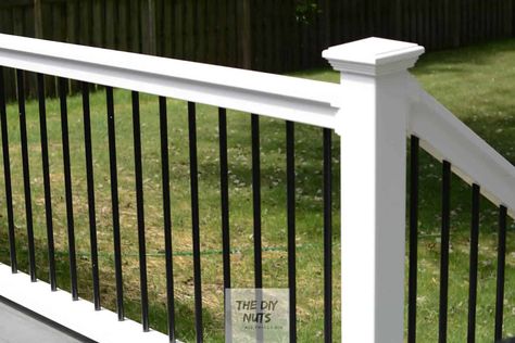 White And Black Porch Railing, White Porch With Black Railing, Black And White Front Porch Railing, White House Black Porch Railing, Farmhouse Porch Railing, Composite Deck Ideas, Colonial Porch, Black Railing, Metal Stair Railing