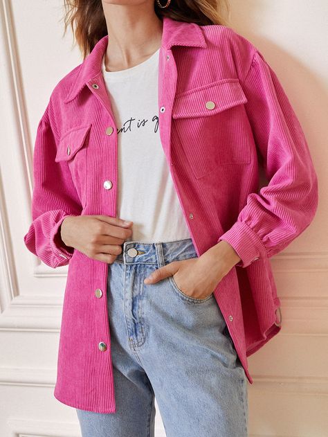 Hot Pink Casual Collar Long Sleeve Corduroy Plain Other Embellished Non-Stretch  Women Outerwear Pink Corduroy Jacket, Brunch Outfit Winter, Outfits Con Camisa, Winter Party Outfit, Corduroy Shirt, Outfit Winter, Brunch Outfit, Edgy Look, Corduroy Jacket