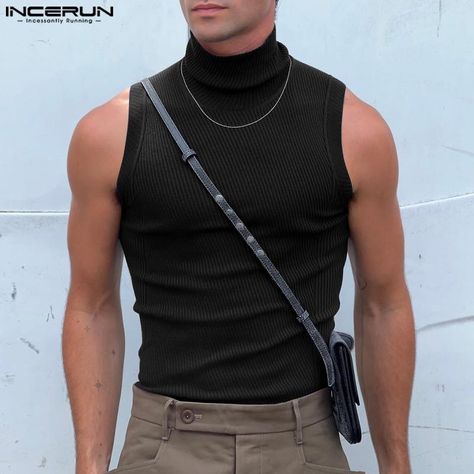 Sleeveless Turtleneck Outfit Men, Sleeveless Turtleneck Outfit, Turtleneck Outfit Men, Incerun Men, Vests Men, Minimalist Closet, Turtleneck Outfit, Turtleneck Sleeveless, Men Streetwear