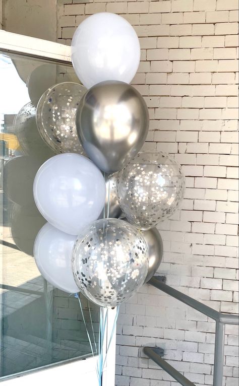 Silver And White Balloons, White Silver Party, 24 Birthday, Silver Balloon, 24th Birthday, Silver Party, Silver Numbers, Diy Presents, Anniversary Decorations