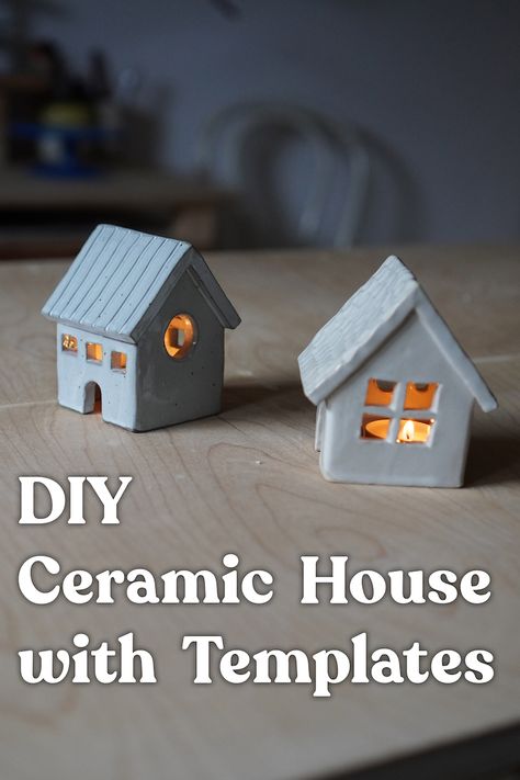 DIY Tealight House tutorial! I had no idea I would love this project as much as I do. I love all sorts of christmas crafts, but after I made a cute tealight house, I knew I had to make it into a pottery template! Have a cozy holiday and get your hands dirty by crafting a slab-built tealight house. :) Pottery House Template, Clay Mini House Diy, Ceramic House Template, Diy Useful Crafts For Home, Ceramic House Tea Light Holder, House Pottery Ideas, Pottery Holiday Ideas, Clay House Template, Hand Formed Pottery Project Ideas