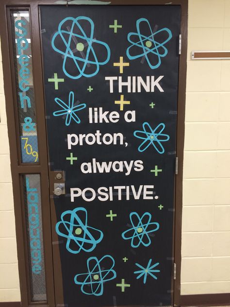 Door decoration for a science class or magnet school. Science Lab Door Decoration Ideas, Physics Room Decor Classroom Ideas, Science Class Door Decoration, Biology Themed Classroom, Class Board Ideas High Schools, Science Themed Classroom Doors, Elementary Science Classroom Decorations, Biology Door Decorations, Science Expo Decorations