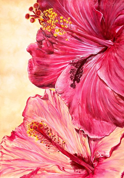 Hibiscus Flower Poster, Hibiscus Oil Painting, Bright Flowers Painting, Hibiscus Flowers Painting, Hibiscus Artwork, Tropical Flower Painting, Hibiscus Flower Watercolor, Lilly Painting, Hibiscus Aesthetic