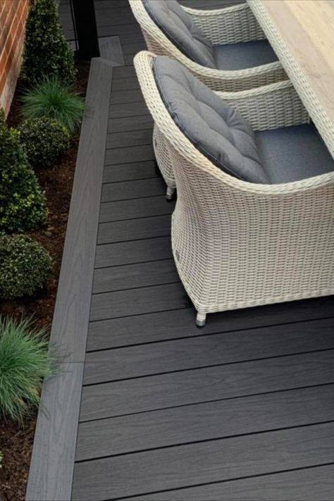 Dark Grey Decking Ideas, Dark Grey Decking, Dark Grey Deck, Deck Colours, Grey Composite Decking, Dark Deck, Composite Decking Colors, Backyard Entertaining Area, Decking Patio