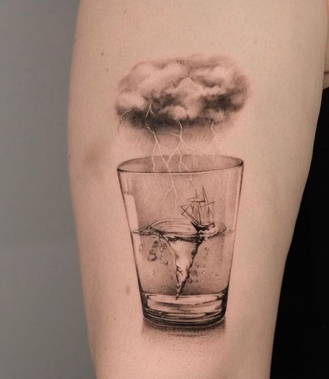 Black Dreams and Gray Fantasies: The Magic of Hanna Talalaenka's Tattoos Magical Realism Tattoo, Black And Gray Realism Tattoos, Opaque Grey Tattoo, Storm In A Teacup Tattoo, Surreal Art Tattoo, Storm Tattoos, Gray Wash Tattoo, Stipple Tattoo, Black Gray Tattoo