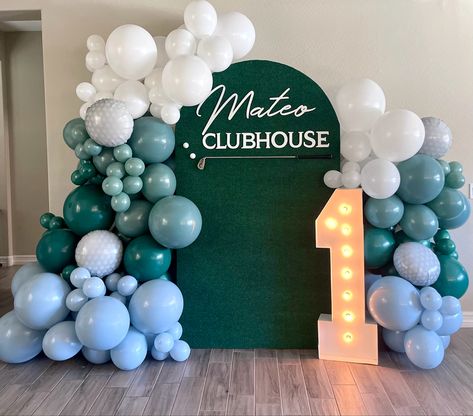 1st Birthday Hole In One, Hole In One Themed Birthday, Hole In One First Birthday Golf Theme, Hole In One First Birthday Activities, Golf Themed Balloon Arch, First Birthday Hole In One, Golf Theme Birthday, Golf Party Backdrop, Golf Themed First Birthday