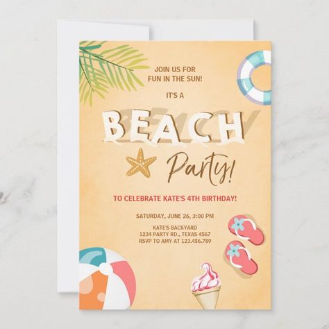 Beach Party Invitation Beach Birthday BBQ Summer Zazzle Indoor Beach Party, Beach Birthday Invitations, Beach Theme Birthday, Summer Birthday Invitations, Beach Party Invitations, Beach Invitations, Bbq Summer, Summer Invitation, Surf Party