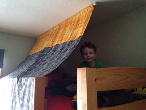 Phase one complete! Bunk Bed Canopy Diy, Top Bunk Tent, Dorm Privacy, Bunk Bed Tent, Pallet Kids, Bunk Beds Boys, Canopy Bed Diy, Diy Bunk Bed, Bed Floor