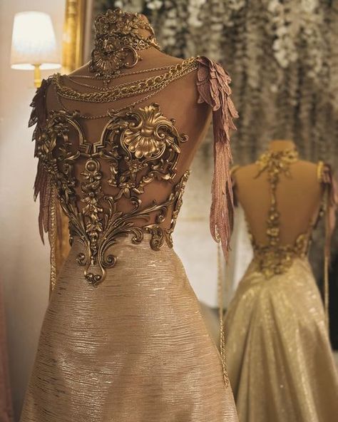 Fantasy Gala Dress, Day Court Aesthetic Dresses, Fantasy Ballgown Aesthetic, Sun Themed Fantasy Dress, Nephi Garcia Dresses, Day Court Acotar Dress, Goddess Dresses Aesthetic, Fantasy Sun Dress, Autumn Court Aesthetic Dress