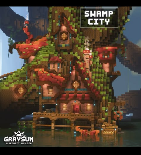 Minecraft Swamp Build, Mangrove House Minecraft, Minecraft Swamp, Swamp City, Minecraft Medieval House, Fantasy Minecraft, Minecraft Village, Minecraft Structures, Minecraft Farm