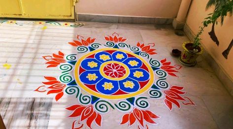 My new rangoli design 2021 | easy rangoli designs Muggu Painting On Floor, Rangoli With Paints On Floor, Rangoli Painting On Floor, Paint Rangoli Designs On Floor, Paint Rangoli Designs, Painting Rangoli Design, Paint Rangoli, Rangoli Painting, Rangoli Designs Simple Diwali