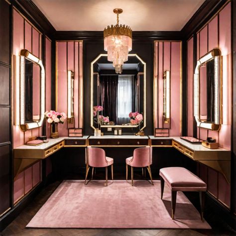 See what I created with Hotpot.ai: A dressing room with a vanity, art deco style, pink and gold tones with dark wood, gallery wall Pink And Gold Dressing Room, Gold Dressing Room, Wood Gallery Wall, Post Apocalyptic City, Avatar Cosplay, Color Generator, Vanity Art, App Store Icon, Linkedin Banner