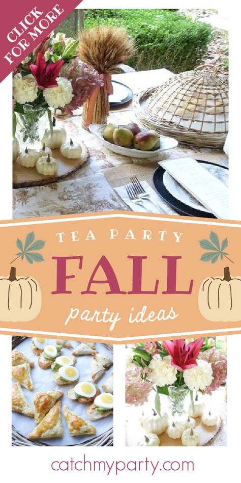 Don't miss this lovely fall tea party! The table settings are so special! See more party ideas and share yours at CatchMyParty.com Fall Tea Party Table Settings, Fall High Tea Party, Harvest Tea Party Ideas, Autumn Tea Party Ideas, Fall Bridal Tea Party, Fall Tea Party Baby Shower Ideas, Harvest Tea Party, Fall Tea Party Decorations, Autumn Tea Party Table Settings