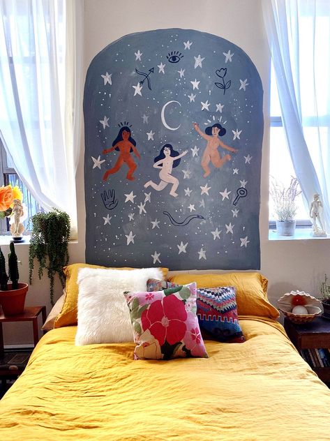 A Protective Mural Made This Artist’s Apartment Feel Like a Safe Space~Mural by Esmé Shapiro Paint Wall Around Mirror, Painting In Bedroom Wall, Painted Mural Headboard, Wall Murals Home, Diy Home Mural, Headboard Mural Ideas, Paint Mural Wall, Living Room Mural Ideas, Bedroom Wall Mural Diy