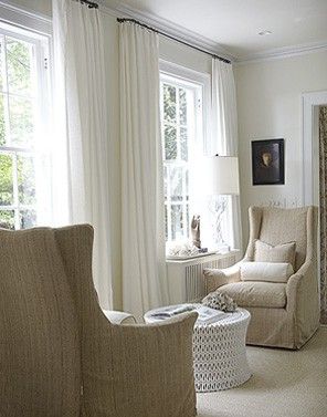 These curtains. Curved Curtain Rods, Bedroom Sitting, Bedroom With Sitting Area, White Drapes, Simple Curtains, Bedroom Retreat, White Curtains, Sitting Area, High Contrast