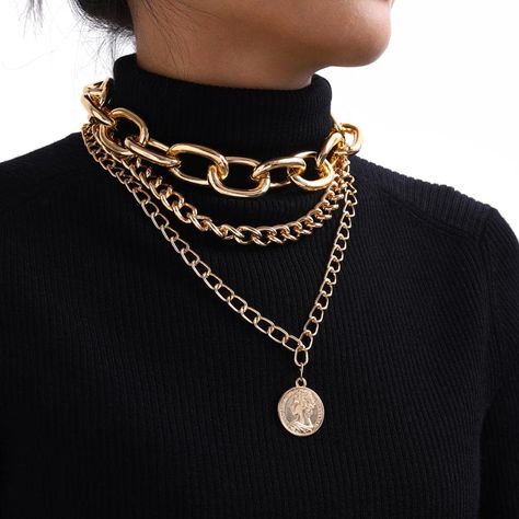 PRICES MAY VARY. Cuban chain choker is made of great quality alloy material. It looks simple but stylish to wear and easy to wear with most kinds of clothes Layered pendant necklace has 15cm/5.9in extension chain to adjust and you can wear two or one separately, or three together. Gold cuban necklaces make a perfect gift for both women. We hope everyone get the best wishes and the sincere words from time to time pull at your heart. Short gold necklaces will go with everything and make your outfi Black Outfit Gold Accessories, Chunky Necklace Outfit, Cuban Link Chain Women, Accessories Black Women, Short Gold Necklace, Chain Outfit, Dark Spring, Chunky Choker Necklace, Thick Necklace