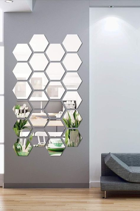 Hexagon Mirror Wall Decor Pattern, Hexagon Mirror Wall Decor, 3d Mirror Wall Stickers, Home Stickers, Hexagon Mirror, Interior Design Per La Casa, Mirror Decal, Mirror Design Wall, Mirror Surface