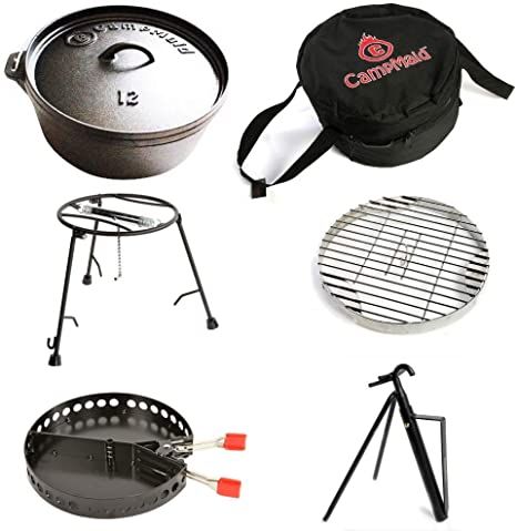 6-Piece Dutch Oven Set With 12" Dutch Oven Without Legs Campfire Dutch Oven Recipes, Campfire Cooking Equipment, Best Dutch Oven, Iron Grill, Cast Iron Grill, Backyard Grilling, Camping Grill, Grill Set, Campfire Cooking