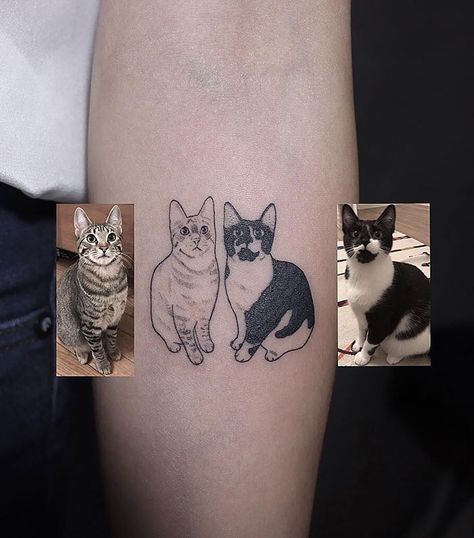 40 People Who Got Absolutely Awesome Cat Tattoos 4 Cats Tattoo Designs, Tattoo Of 2 Cats, Cat Tattoos Meme, Tattoo Of Two Cats, Two Cats Tattoo Designs, Cat Name Tattoo Ideas, Tattoo Dot And Comma, Two Cats Tattoo Ideas, 5 Cats Tattoo